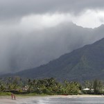 Hanalei Bay with towering mountains behind - on a rainy afternoon